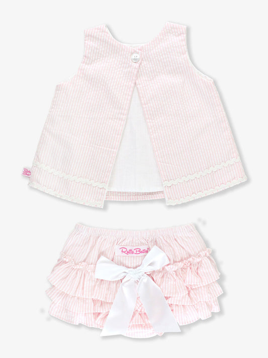 new ruffle butts pink striped open back