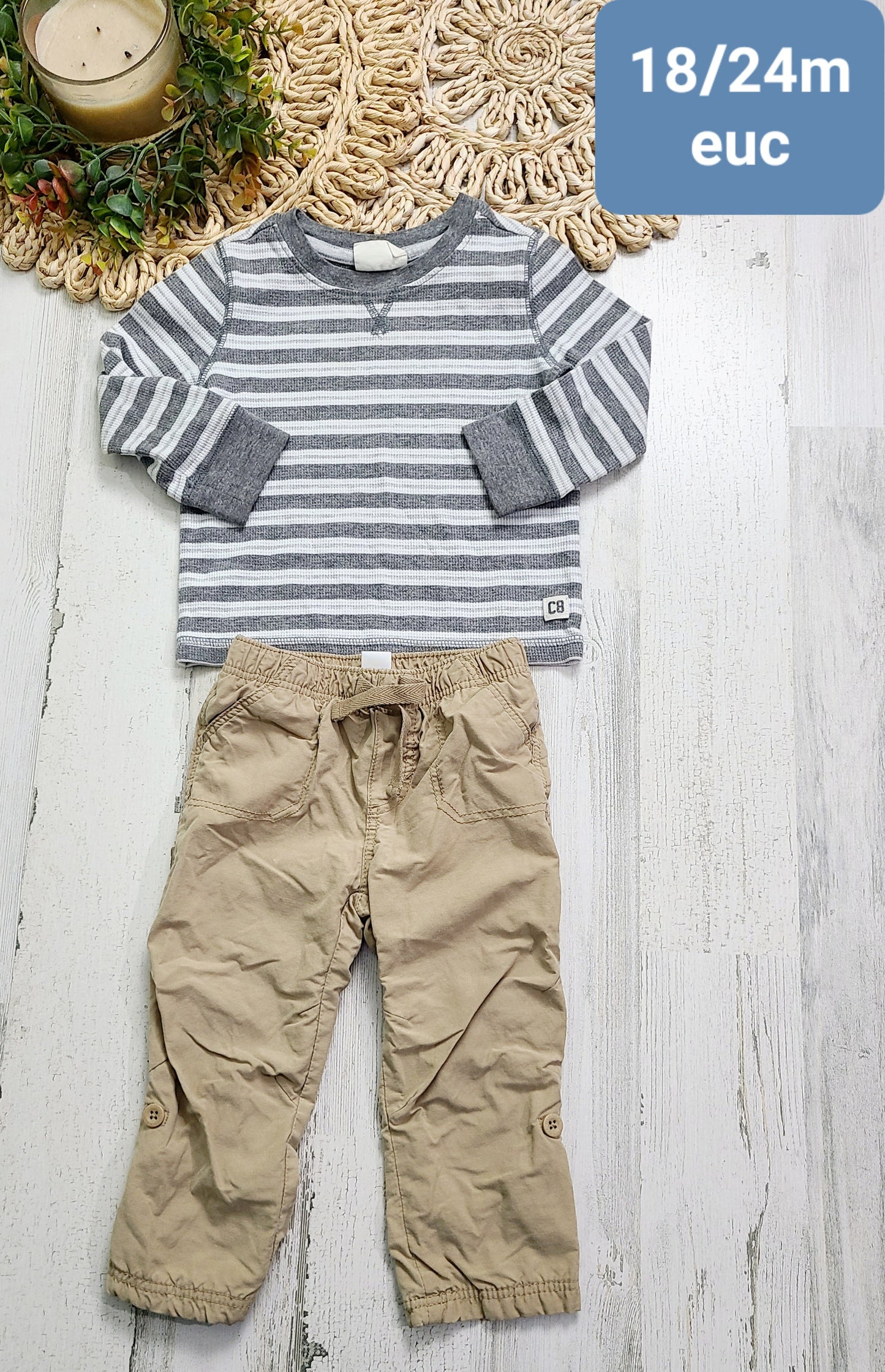 gray striped and khakis