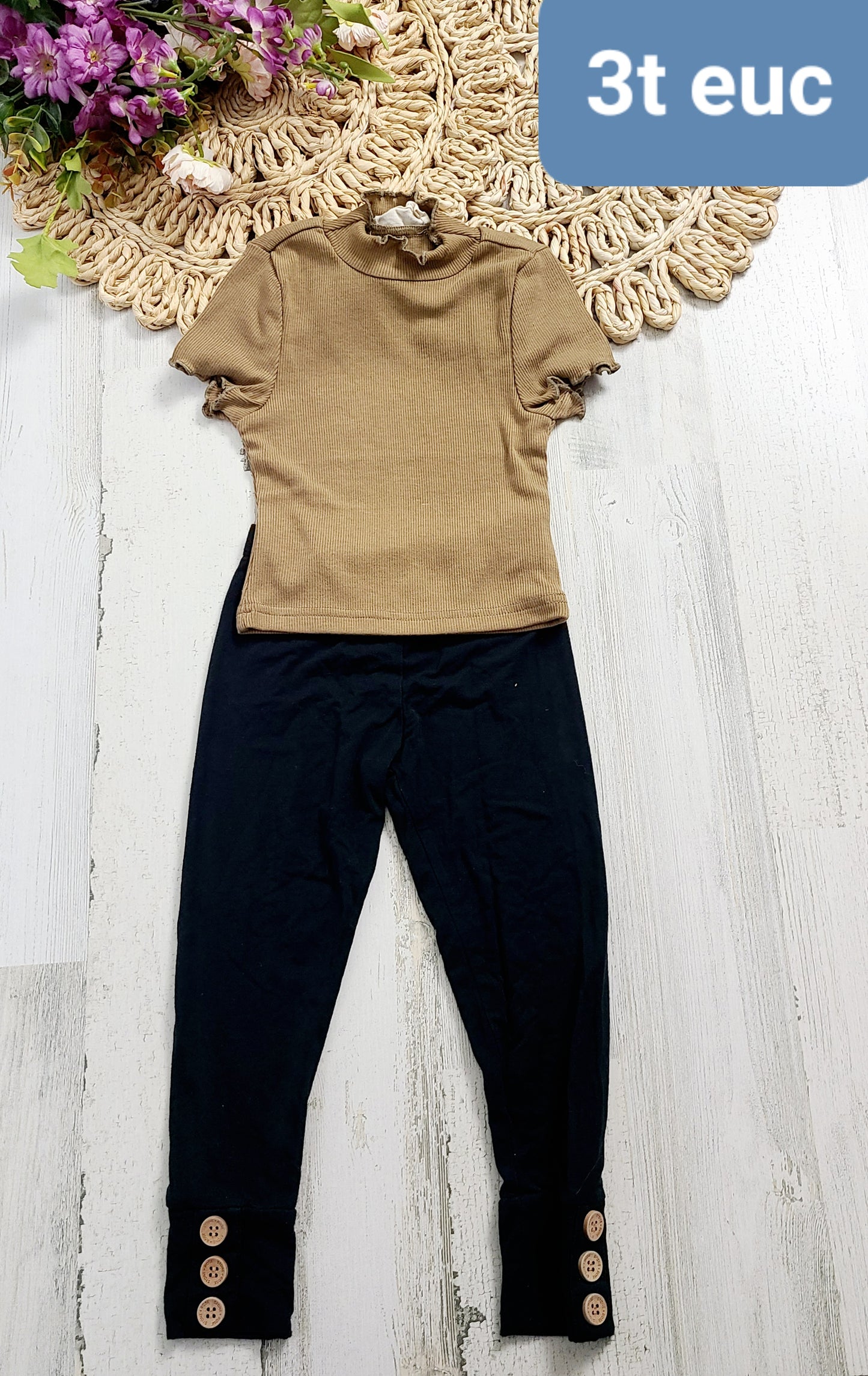tan top black pants set girls