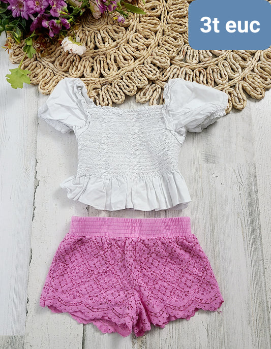 white smocked pink lace shorts