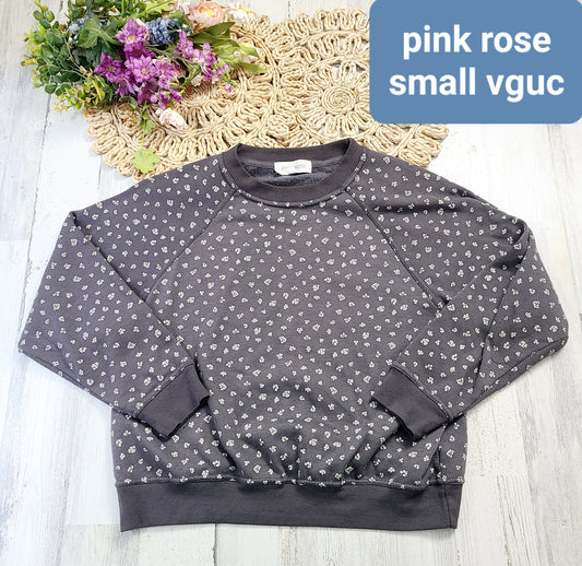 pink rose gray floral crew