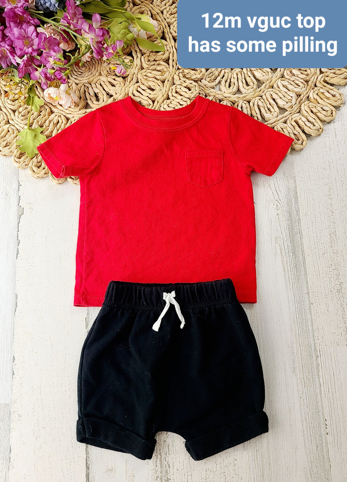 red tee black shorts 12m