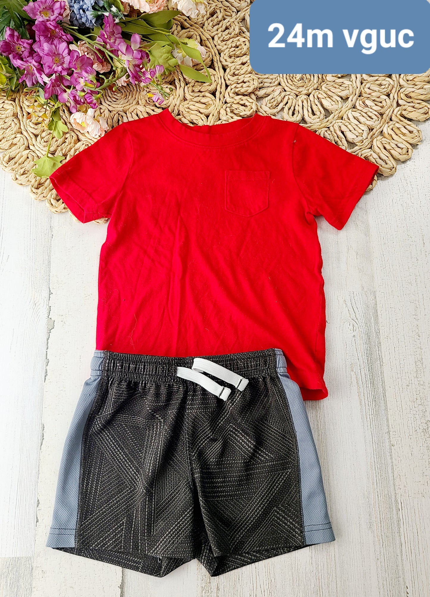 24 month red top and gray shorts