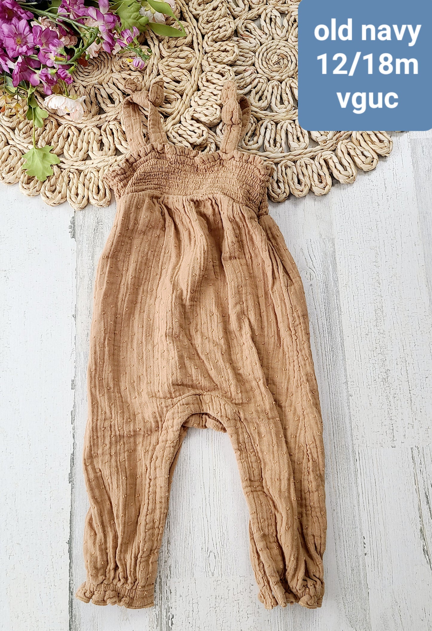 old navy tan smocked jumpsuit