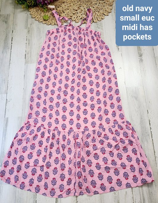 old navy pink floral midi dress with pockets