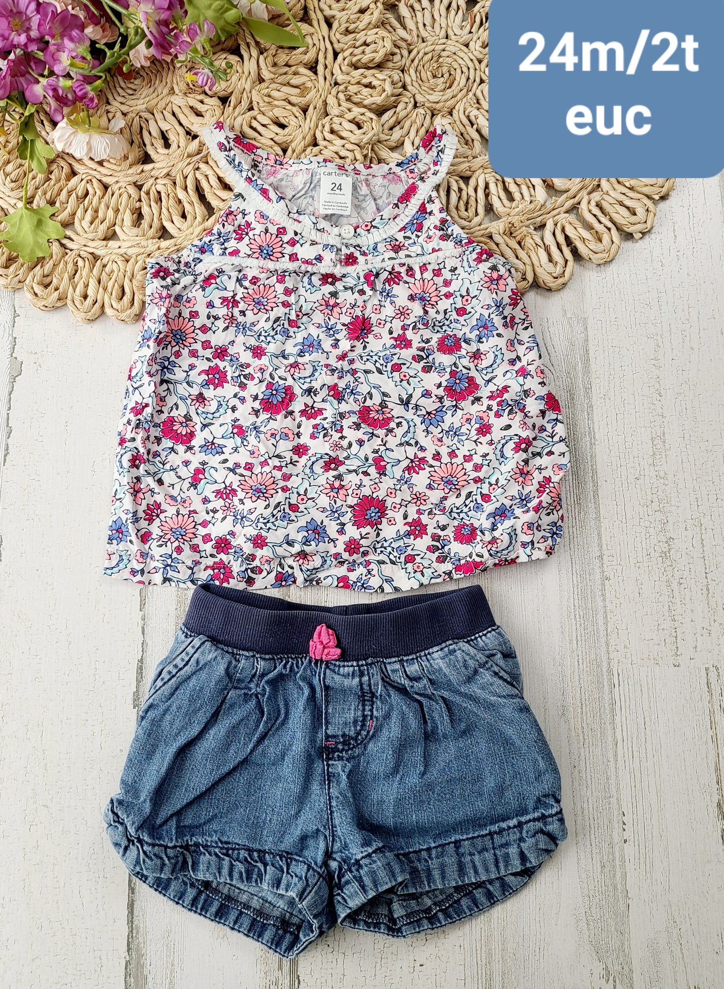 carter's floral tank jean shorts pink tie