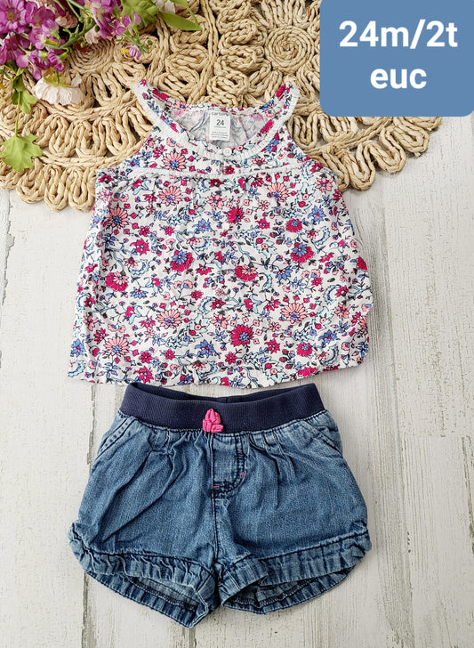 carter's floral tank jean shorts pink tie