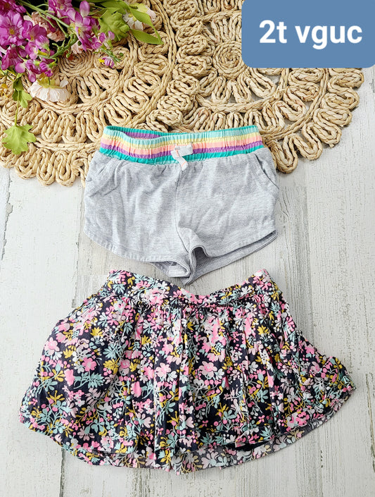 rainbow band shorts and floral skirt