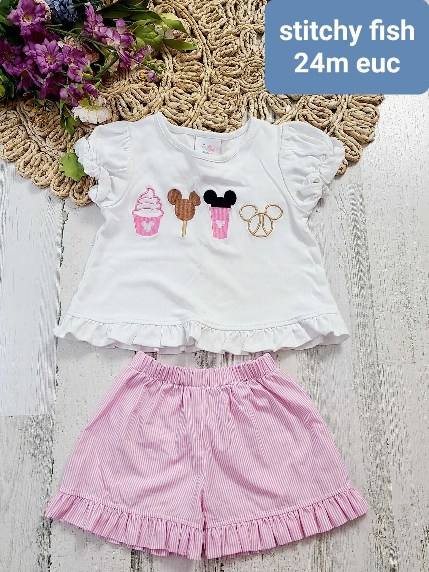 stitchy disney white top striped shorts