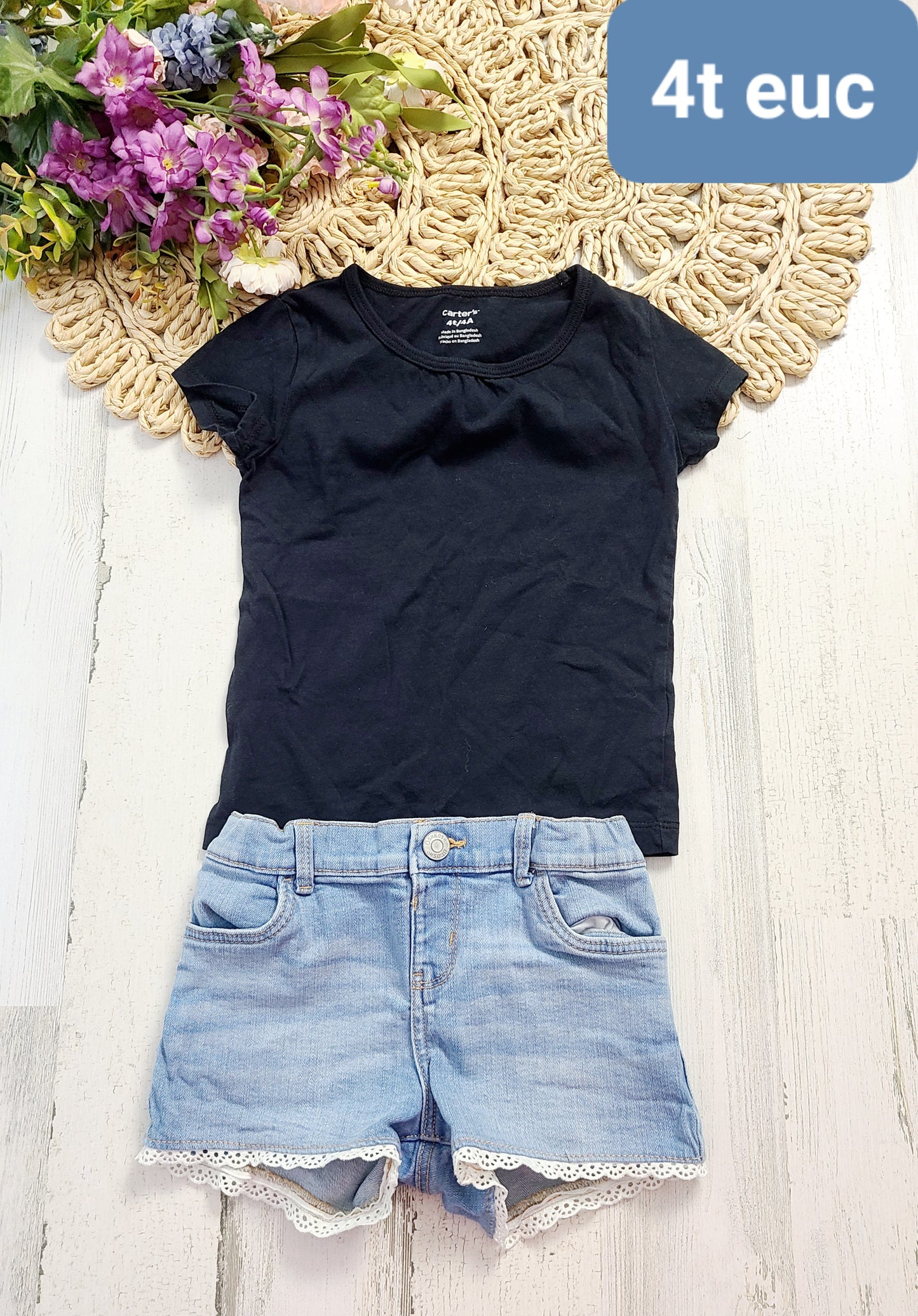 carter's black tee lace trim jean shorts