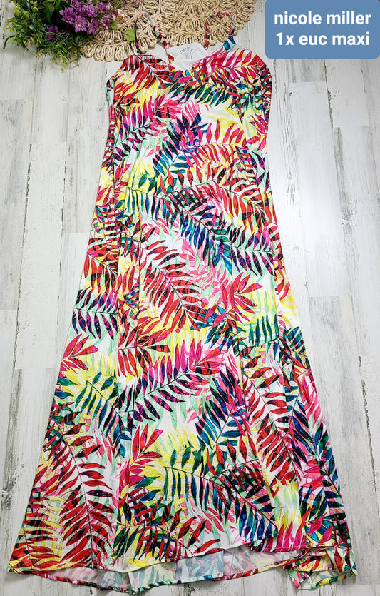 nicole miller tropical leaves maxi
