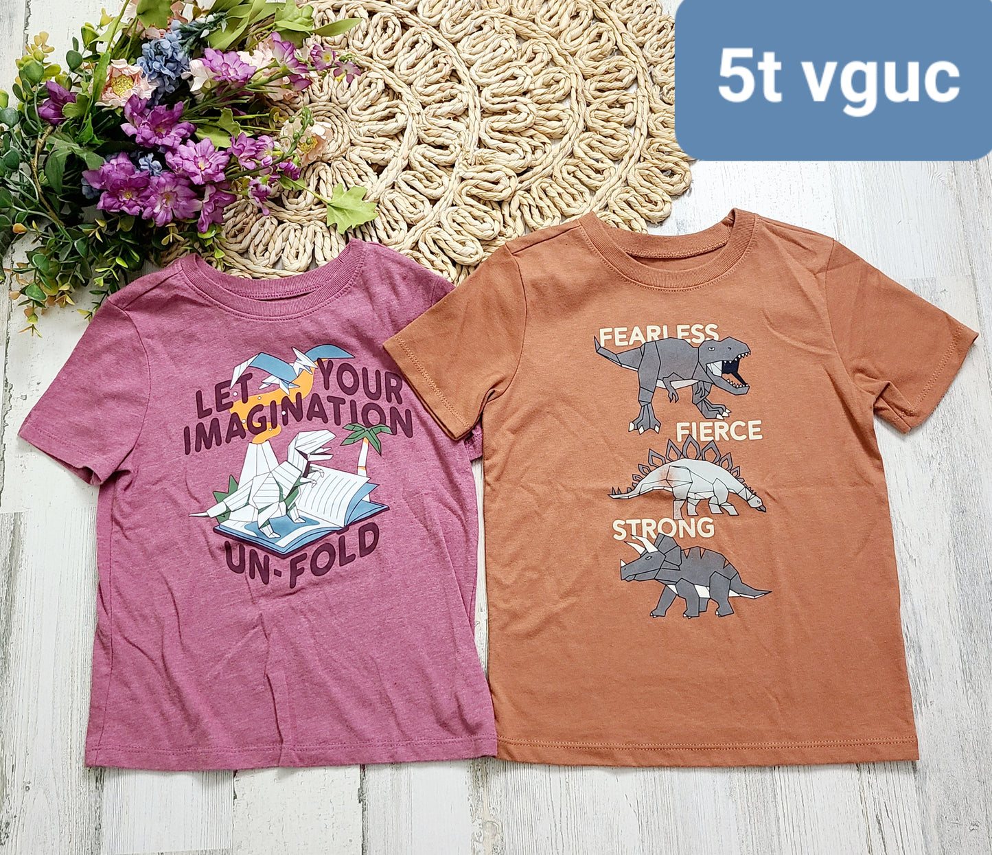 burgundy and orange dino tees