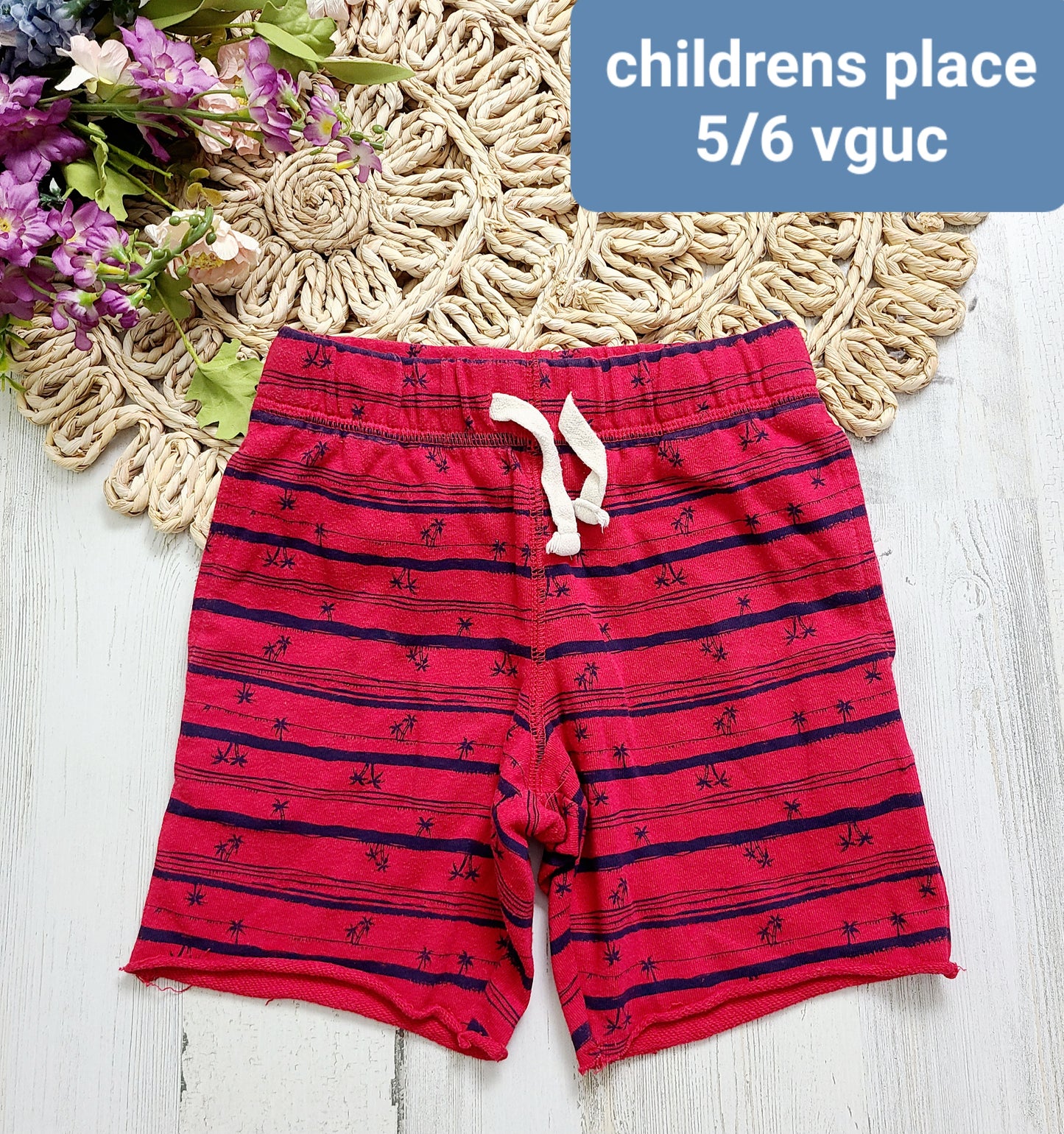 red navy palm tree shorts