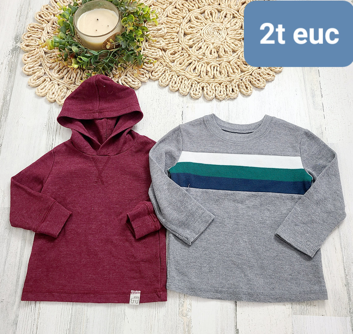 burgundy hood and gray striped shirt 2t