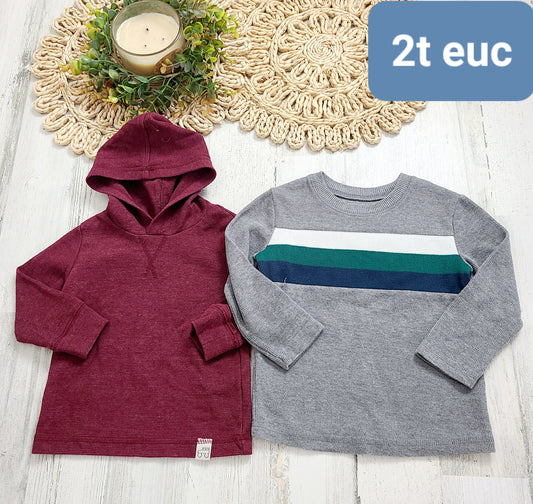 burgundy hood and gray striped shirt 2t
