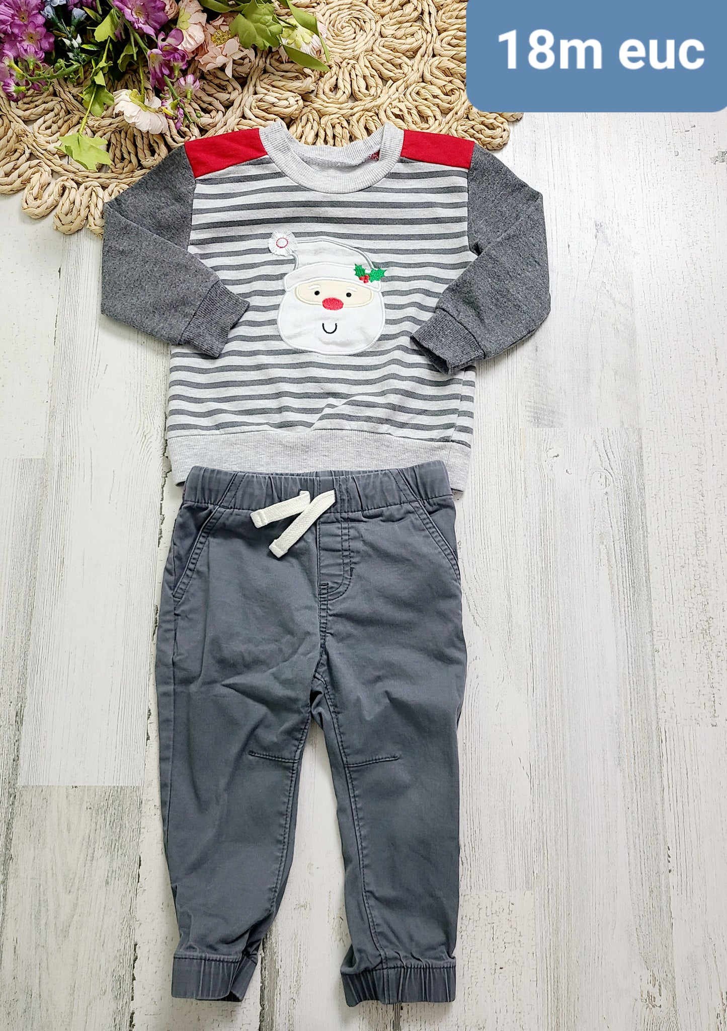 christmas top and gray joggers