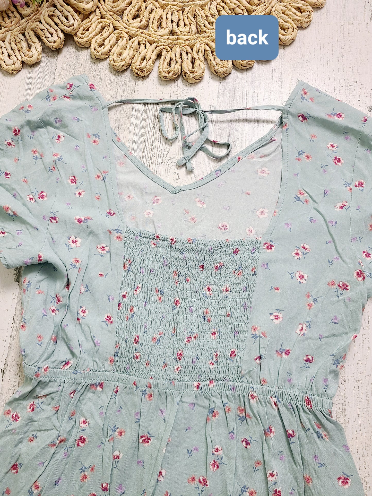 Pink rose smocked back dress with tie