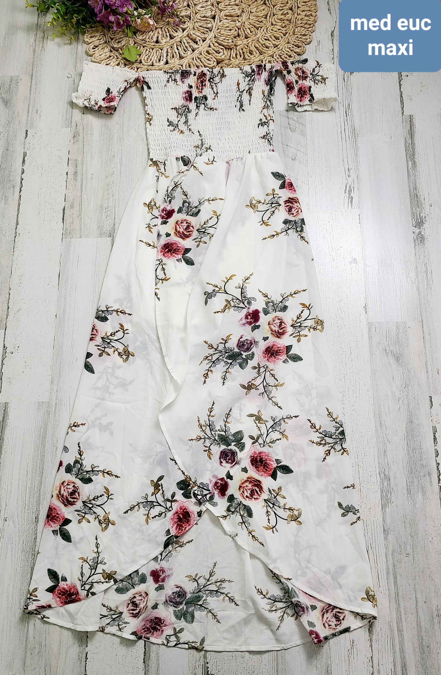 white off shoulder smocked maxi