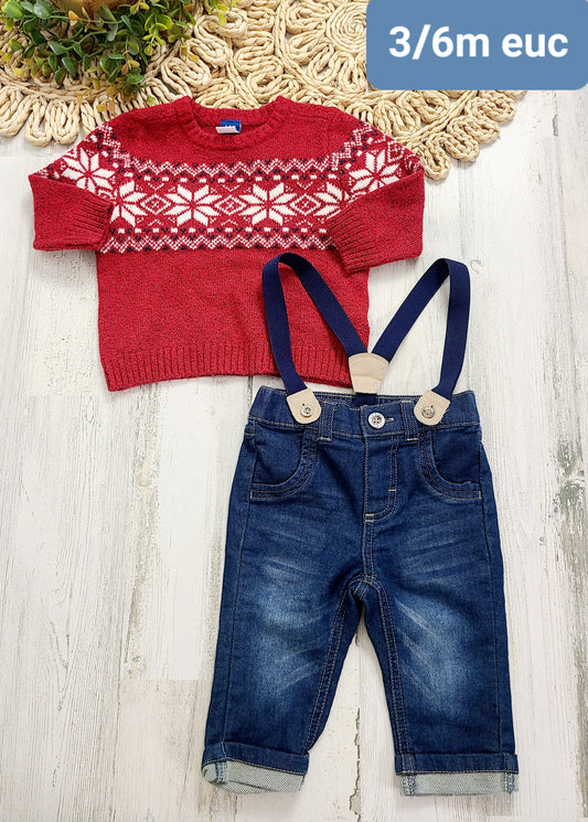 winter sweater and jean suspenders 3/6m