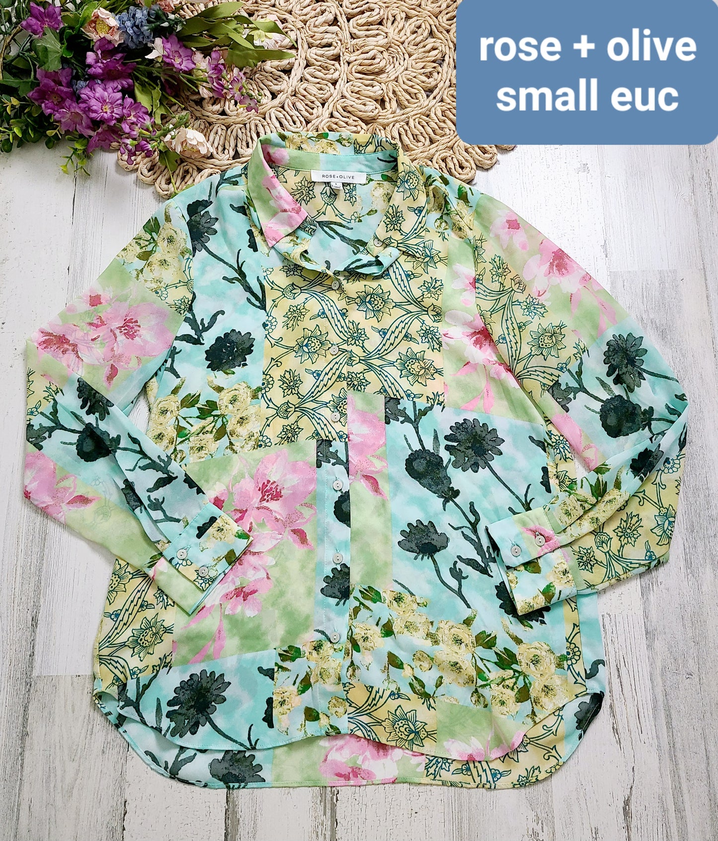 rose+olive multi pattern top