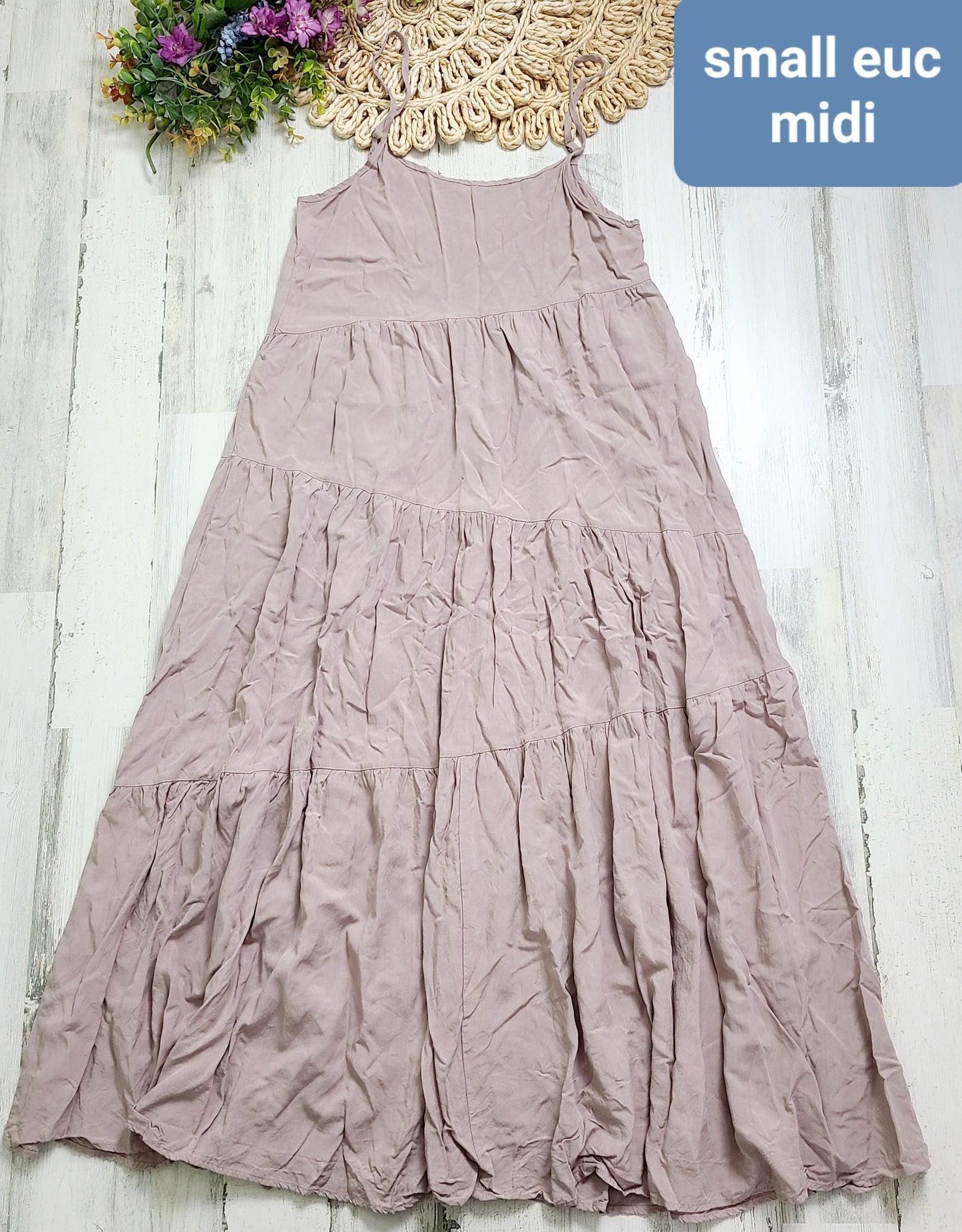 pink tiered midi dress