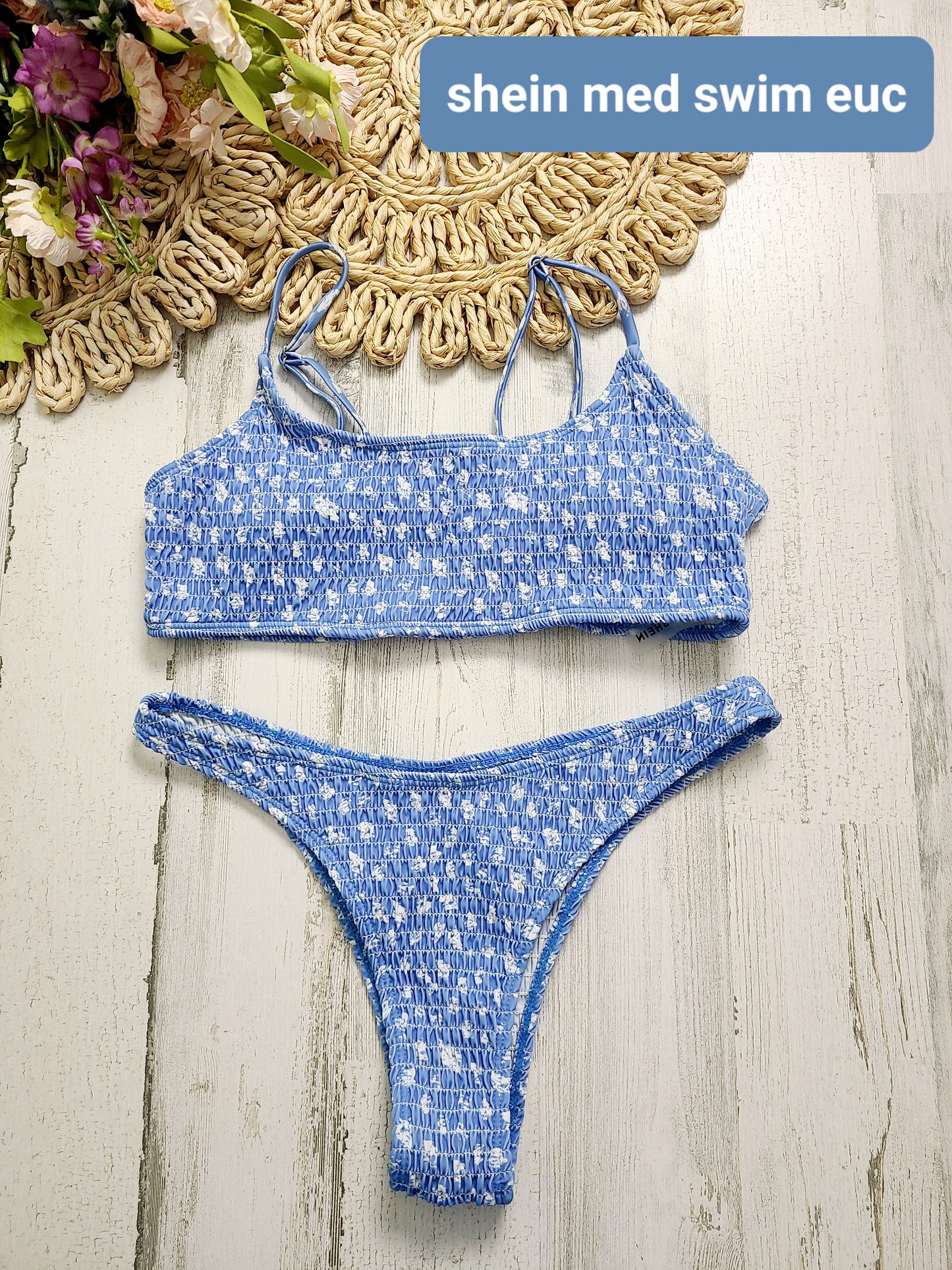 blue white smocked swim suit shein