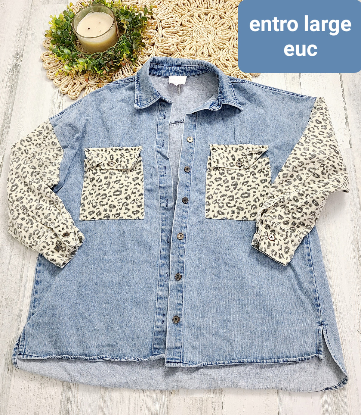 leopard sleeves jean shacket entro