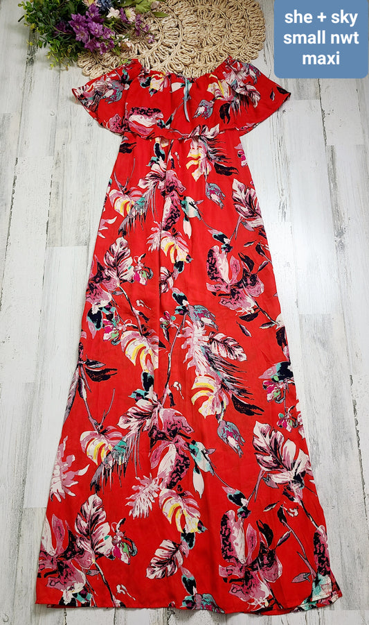 new she+sky red tropical maxi