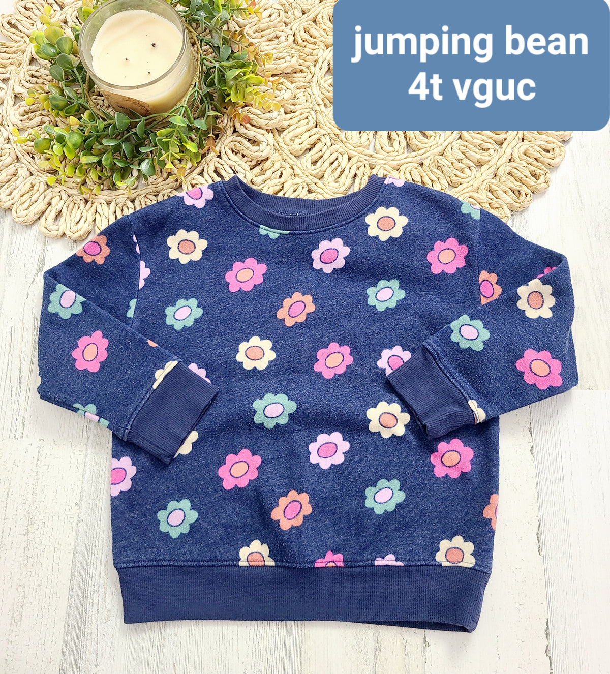 pink yellow and navy flowers jumping bean sweatshirt