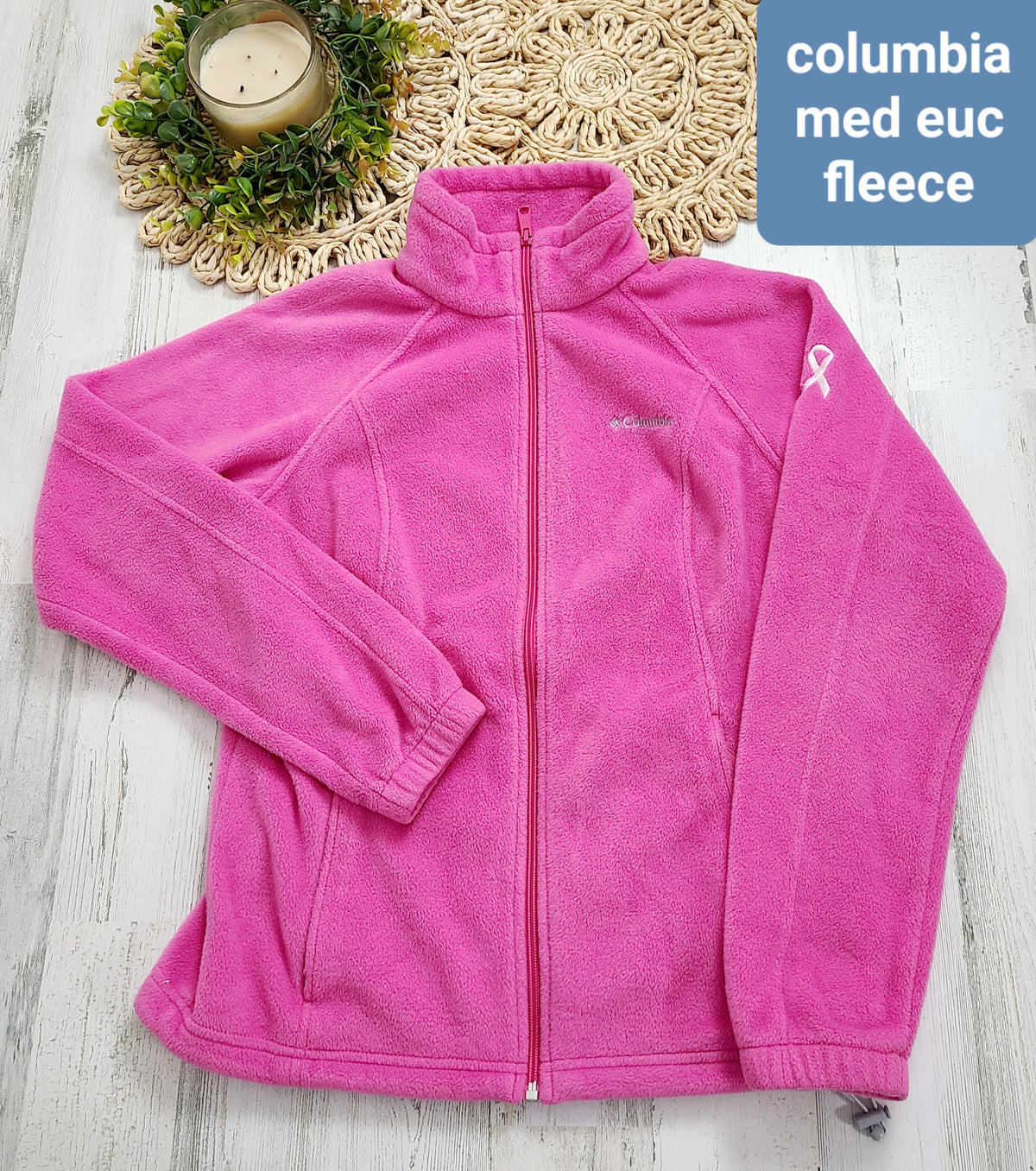 pink fleece columbia zip breast cancer ribbon
