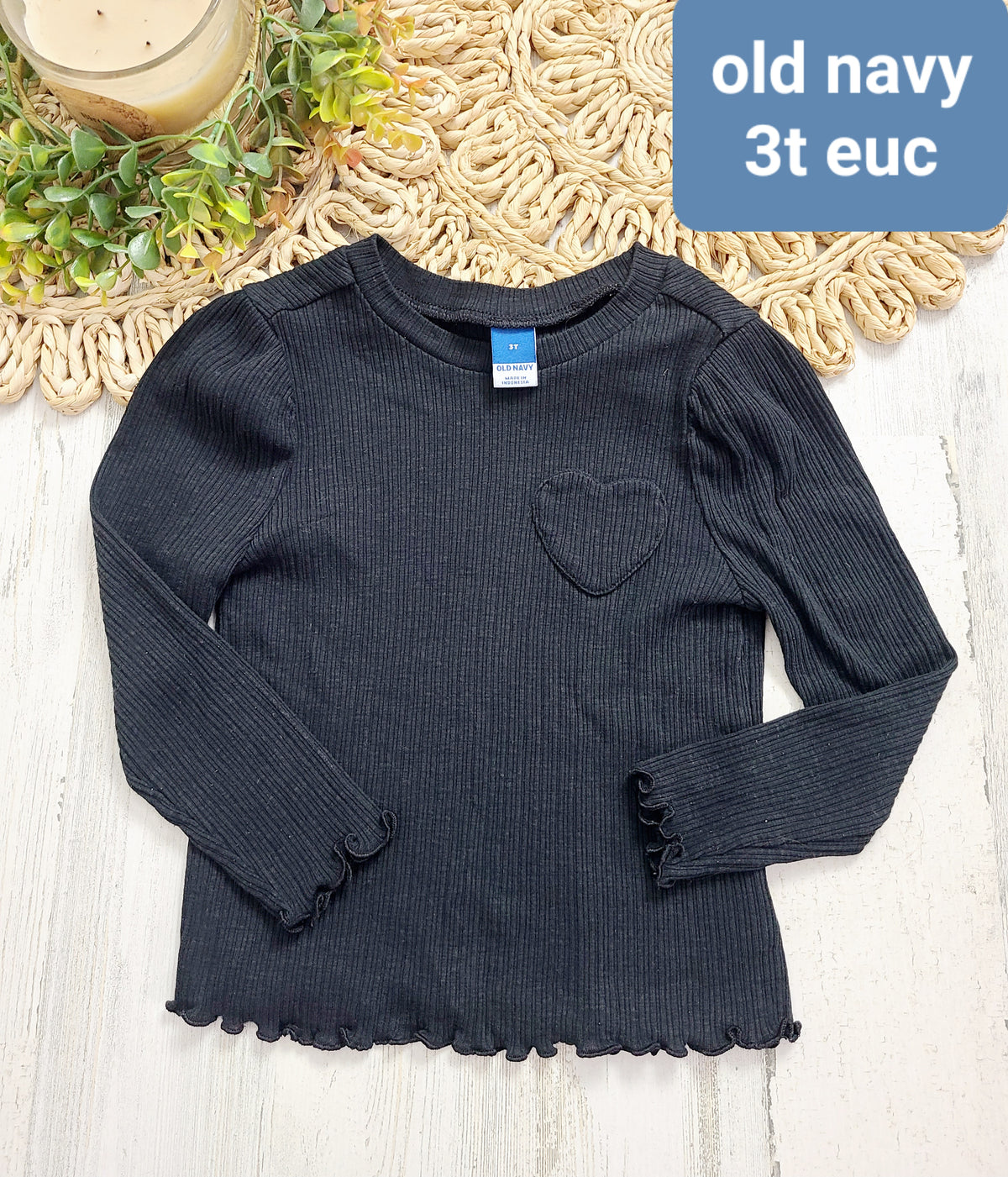 black ruffle hem and heart on chest old navy