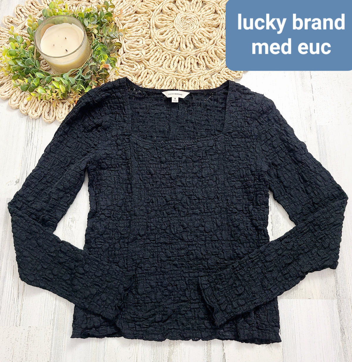 lucky brand black textured smocked top