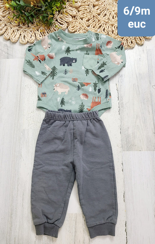 forest animals and gray joggers