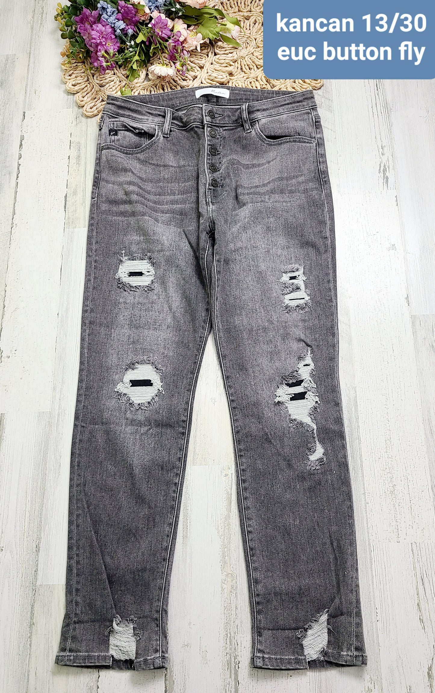 grey distressed button fly kancan