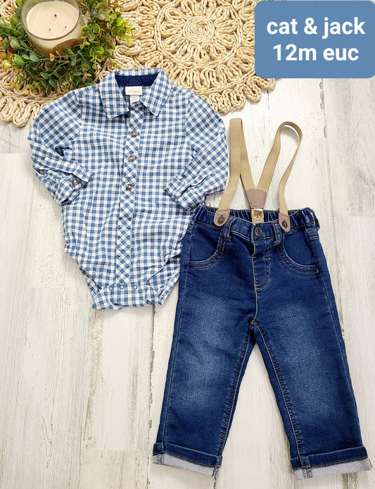 plaid onesie and suspender jeans cat&jack