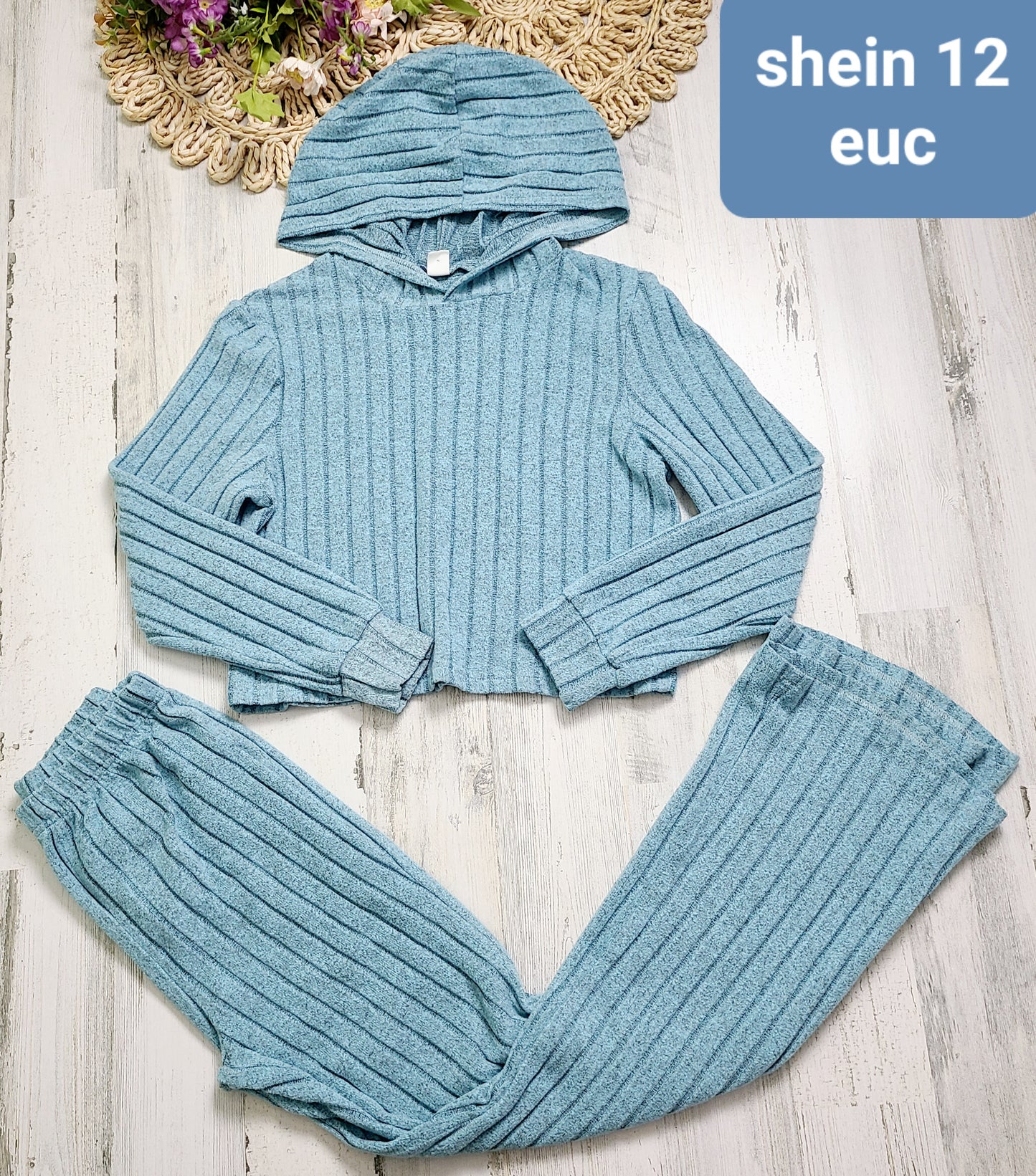 blue ribbed shein set