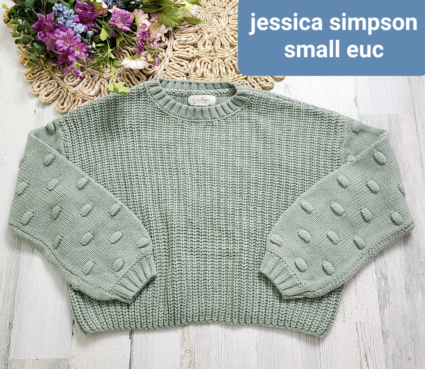 jessica simpson green sweater puffs
