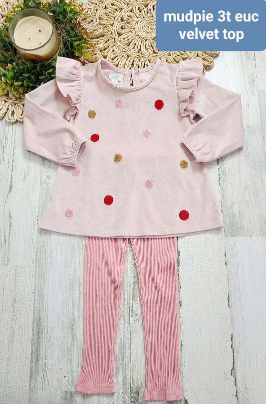 pink outfit ruffle shoulder velvet top mudpie