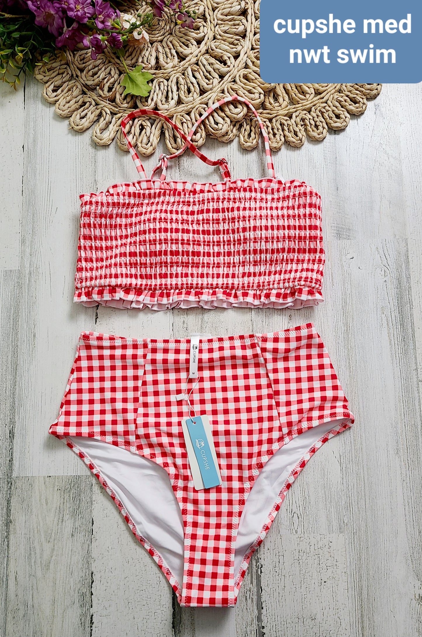 cupshe plaid smocked top swim