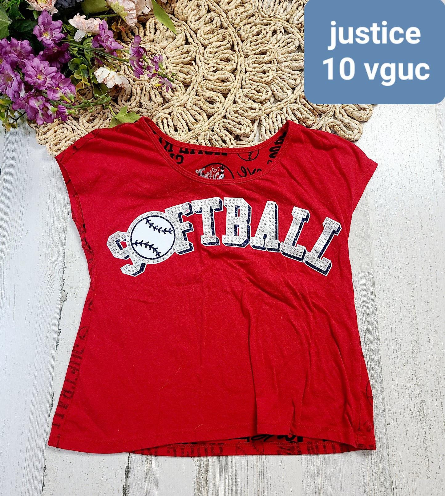 red justice softball tee