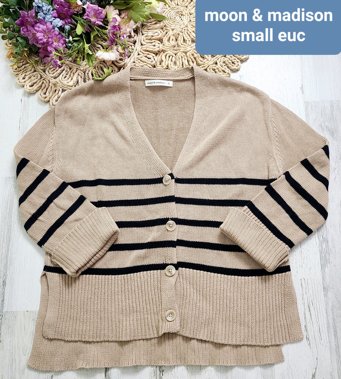 moon & madison striped cardigan tan black