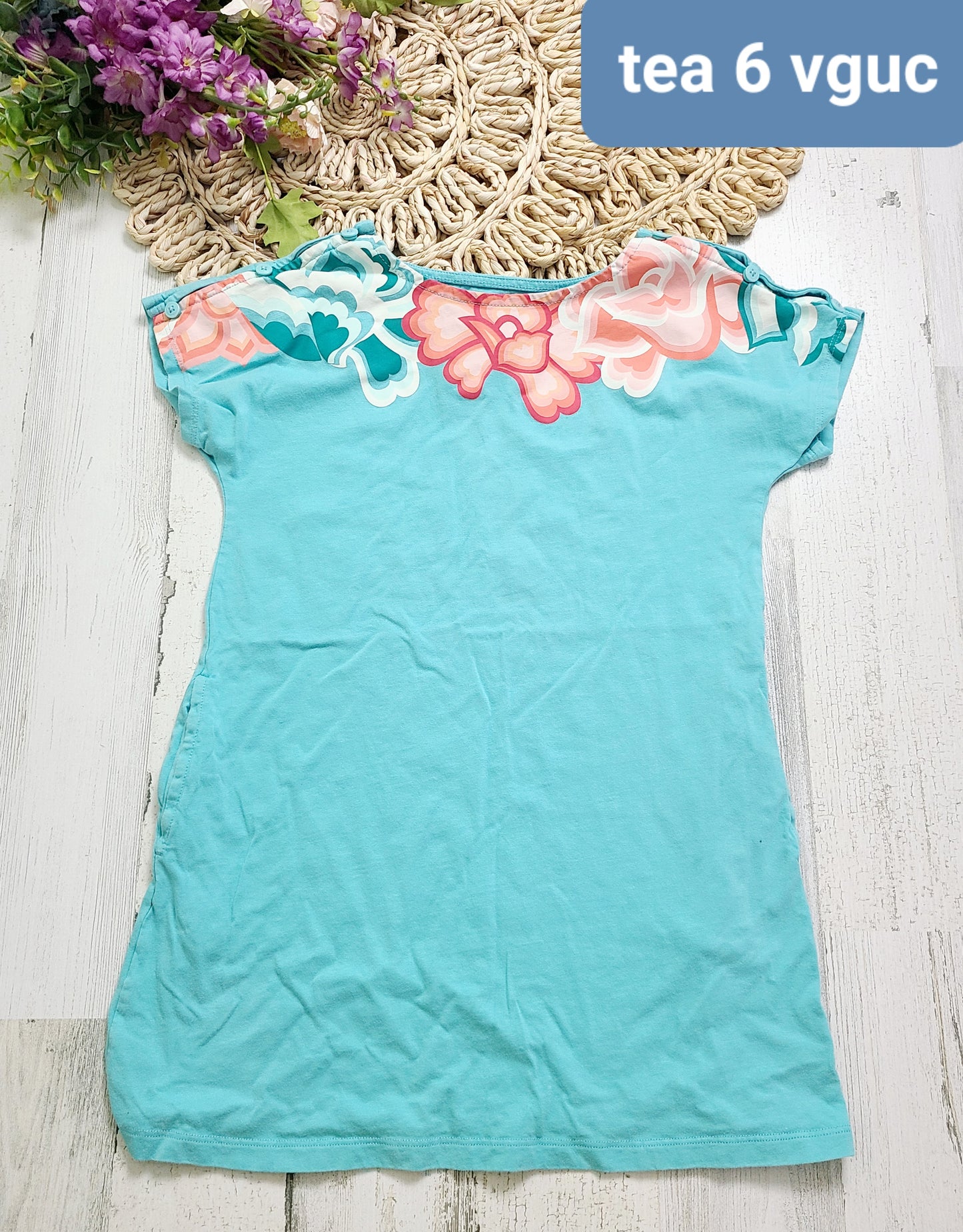 tea aqua dress floral sleeves