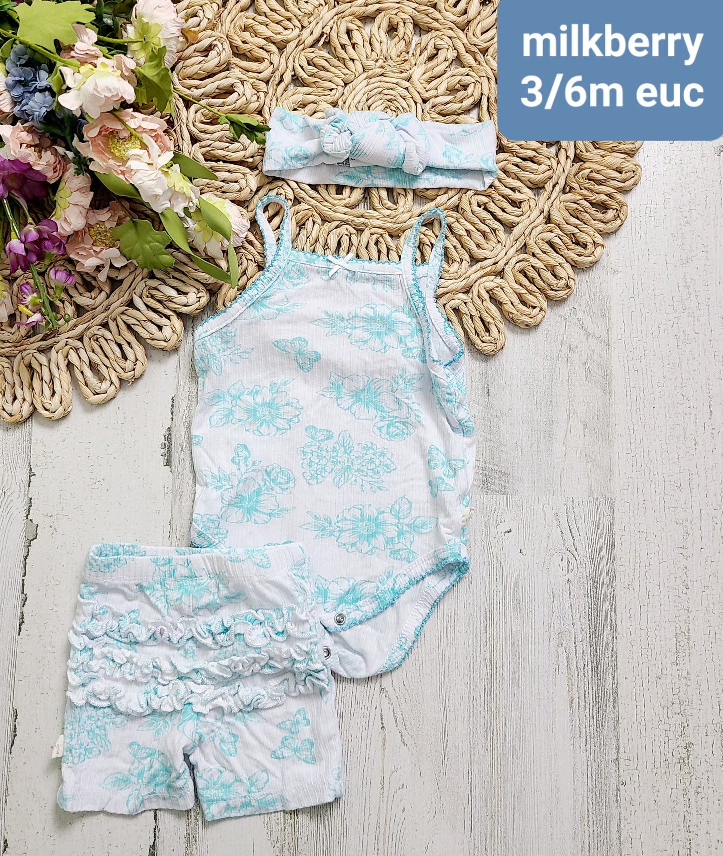 teal floral and white ruffle milkberry