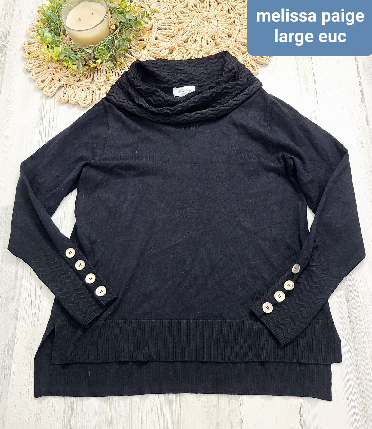 black cowlneck with wrist buttons melissa paige