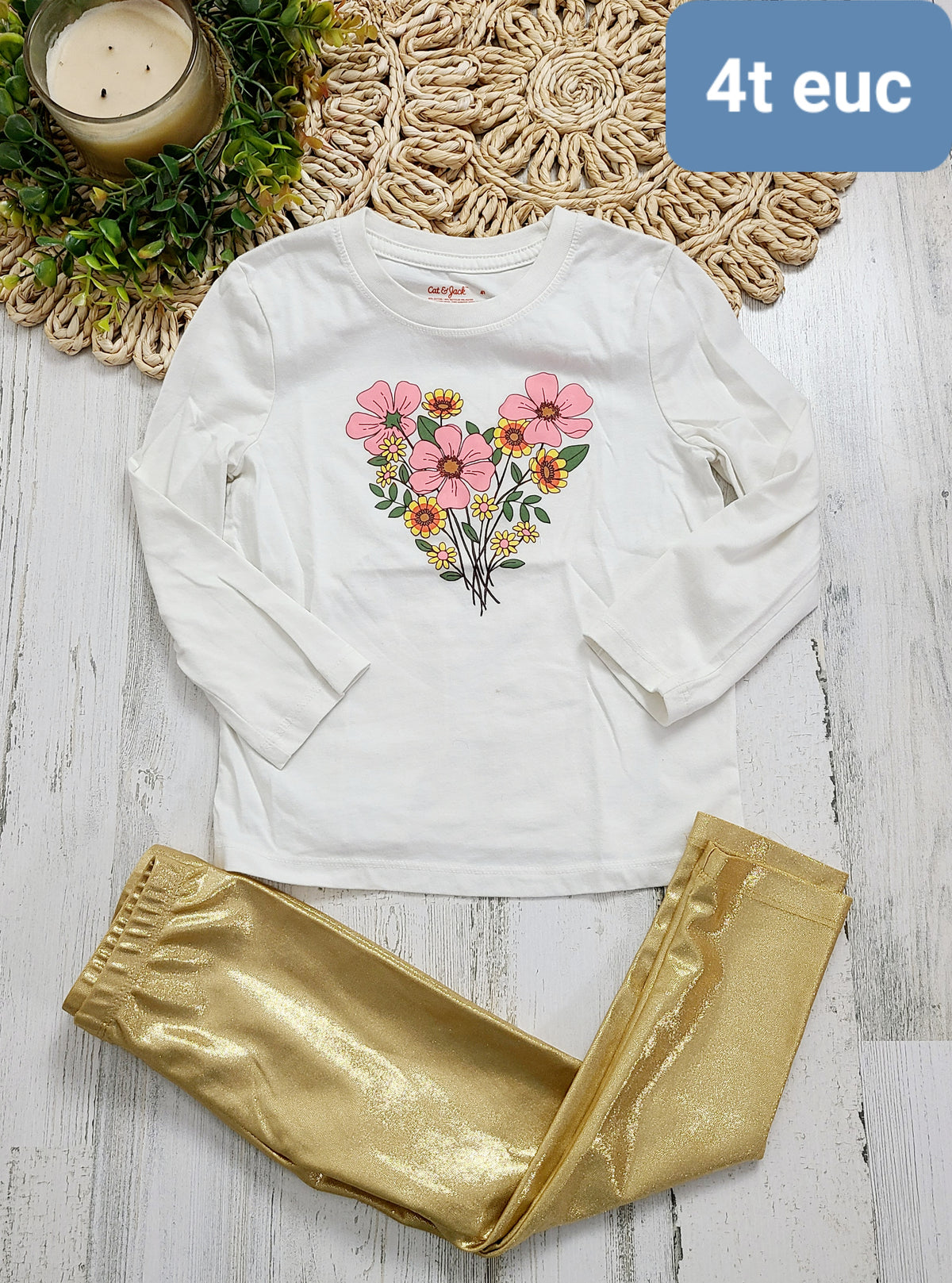 floral white long sleeve and gold pants