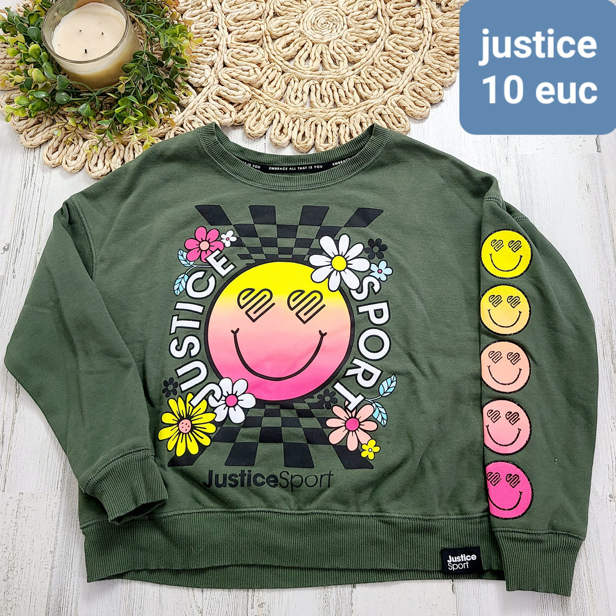 army green emoji sweatshirt justice