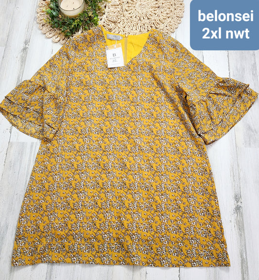 new belonsei dress mustard floral