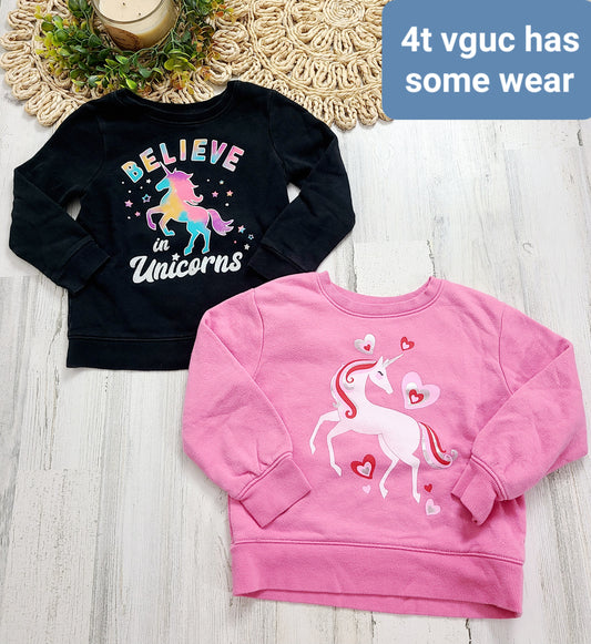 pink unicorn crewneck and black long sleeve