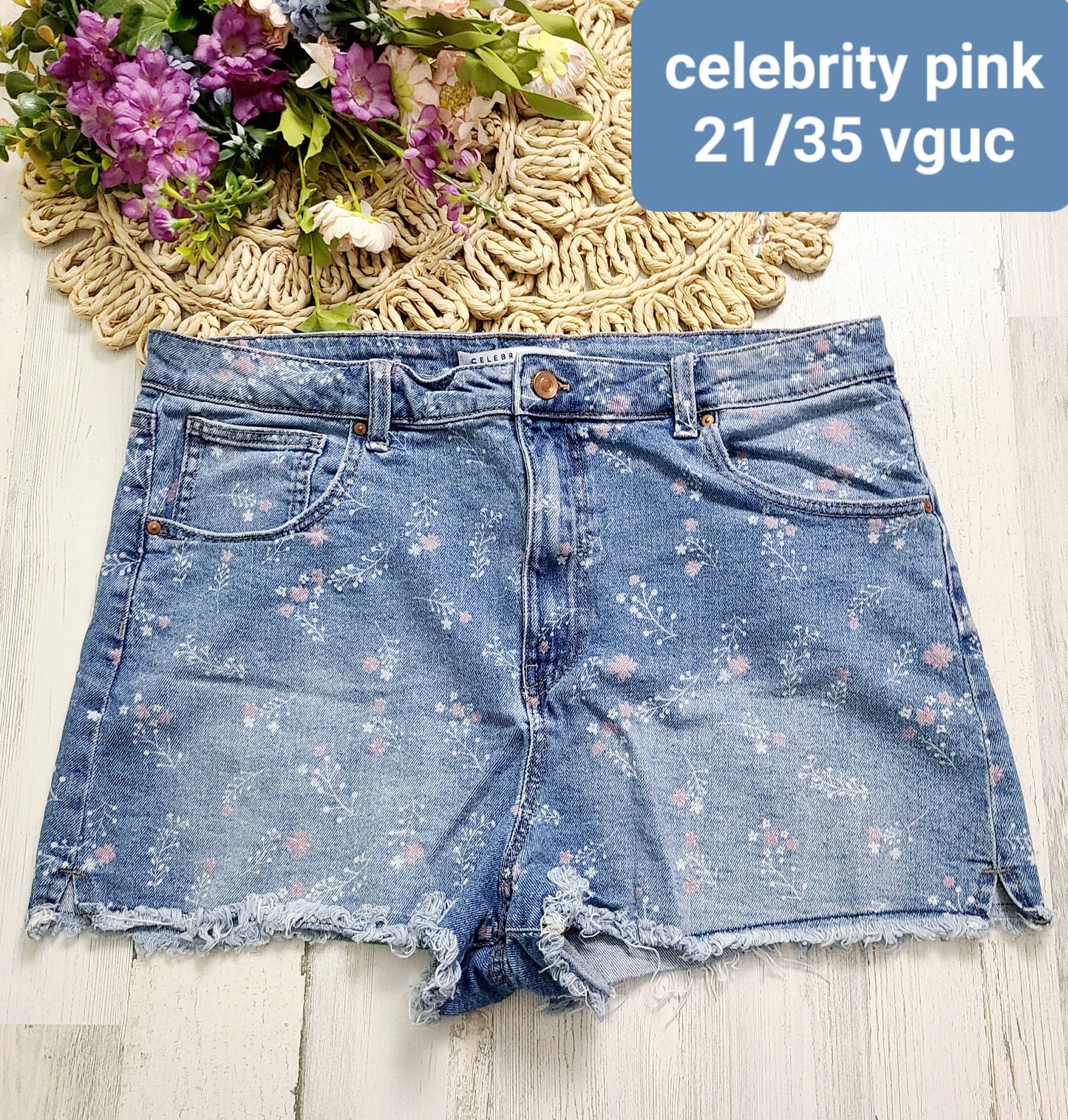 celebrity pink floral jean shorts