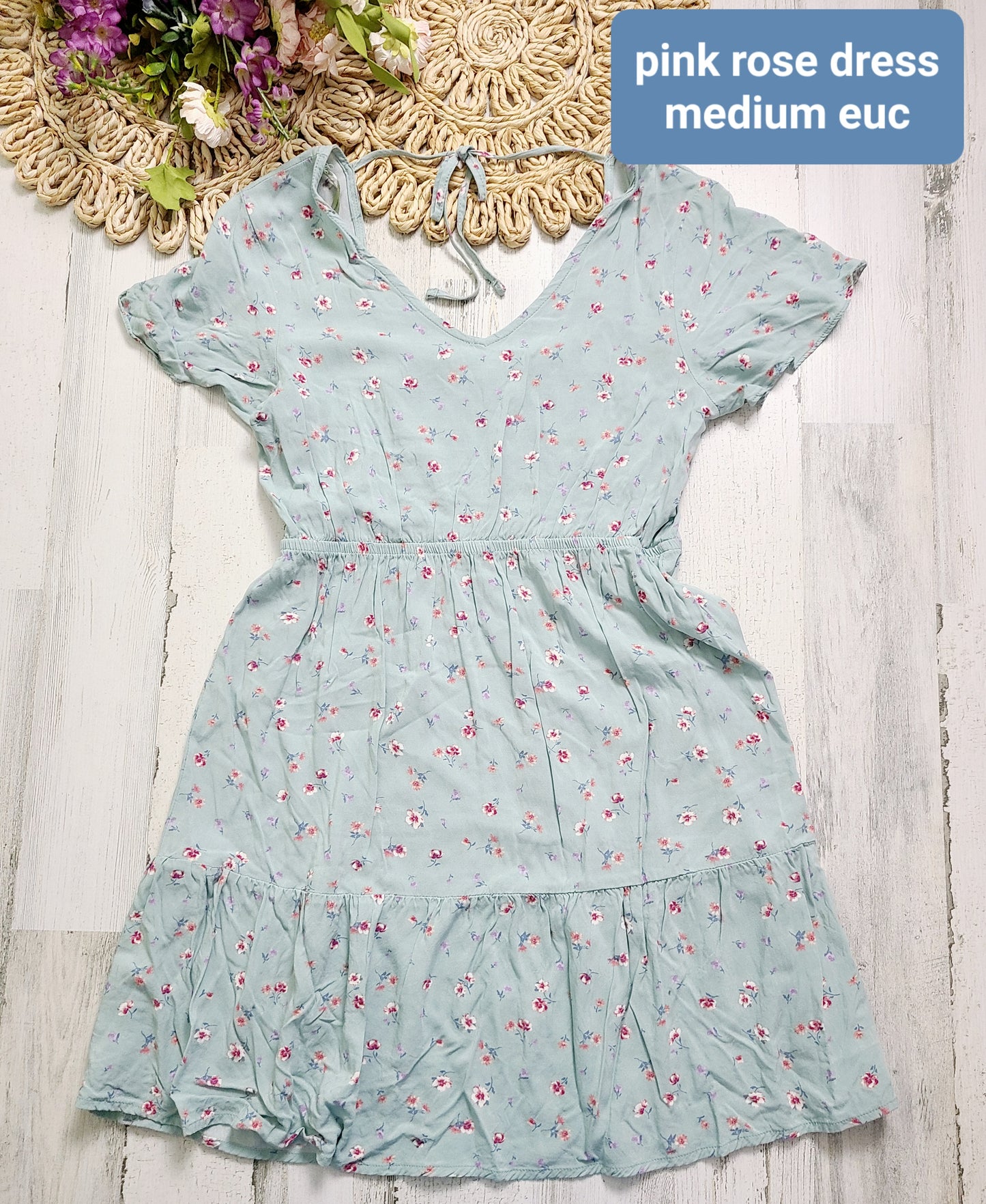 Pink rose smocked back dress with tie